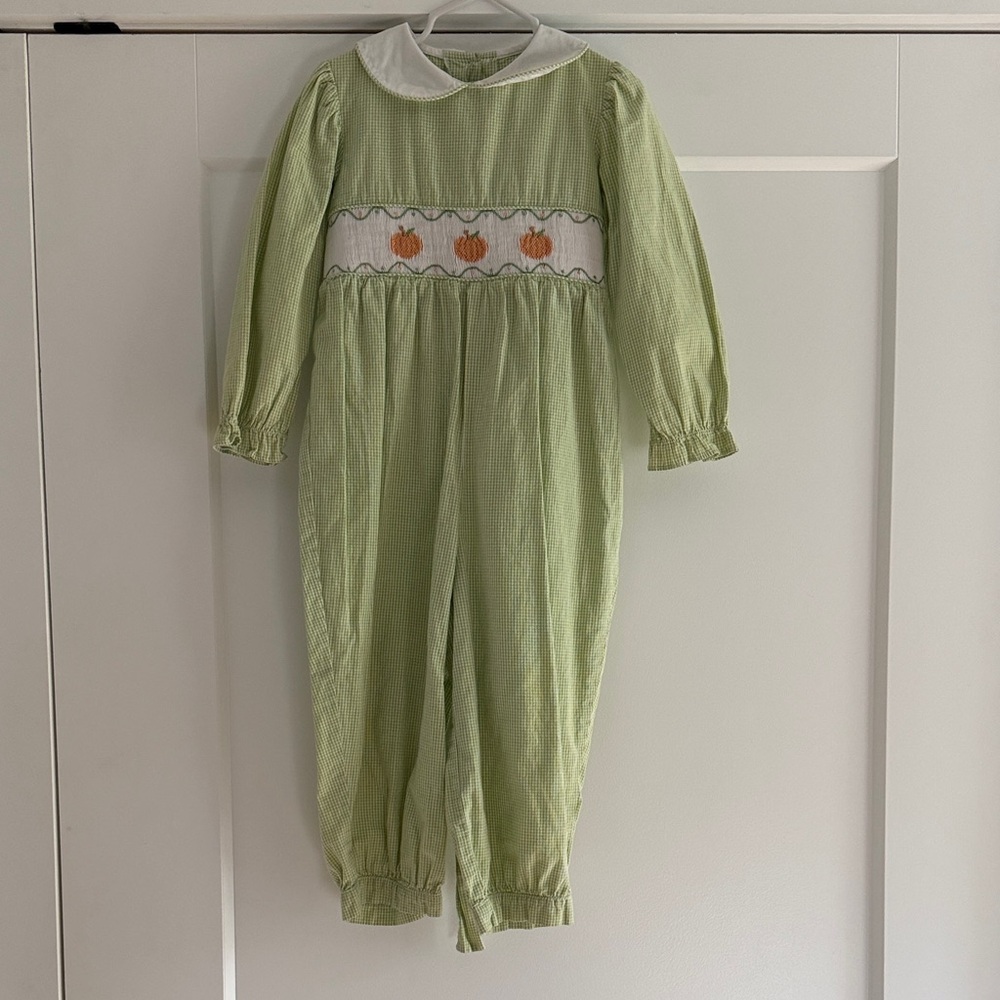 Green Smocked Baby Romper with Pumpkin Embroidery: Little English